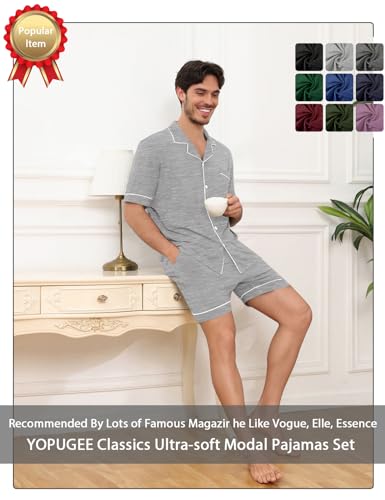 YOPUGEE Mens Pajamas Set Short Sleeve Sleepwear Summer Pjs Button Down Pijamas Set Modal 2PCS Pj Set with Pockets, Light Grey-L - Image 5
