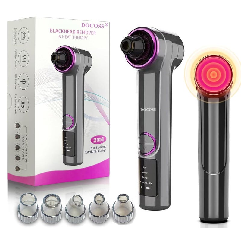 DOCOSS Ultrasonic Black head Remover Tool with Heating Mode -Rechargeable White heads & Blackhead Removal Machine for Nose with 5 Suction Levels and Probes, 2 in 1 Pore Cleaner for Brighter Face - Image 1