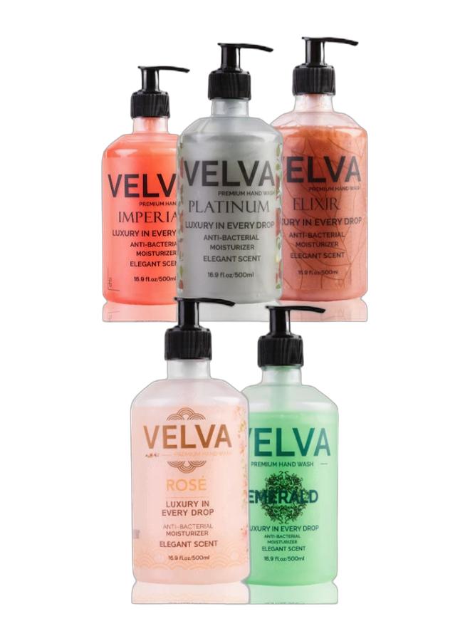 VELVA Premium hand wash platinum - 500ml & Premium hand wash Elixir - 500 ml & Premium hand wash Imperial - 500ml & Premium hand wash rose - 500 ml & Premium hand wash Emerald - 500 mlBundle - Image 1