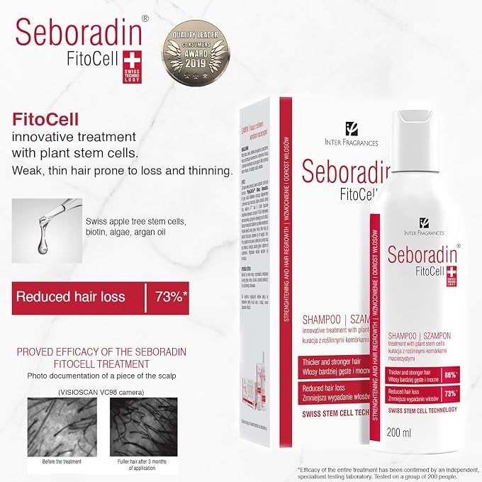 Seboradin Hair Loss and Regrowth Fitocell Shampoo with Swiss Technology Stem Cells Phytocelltec Malus Domestica and Biotin, for Men and Women, 200 ml - Image 2