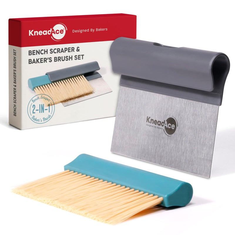 KneadAce Dough Scraper & Bakerâ€™s Brush.Stainless Steel Bench Scraper & Flour Cleaning Brush. Kitchen Tool for Pastry, Sourdough and Baking Prep Bread Dough Cutter, Gift For Bakers (Gray/Turquoise) - Image 1