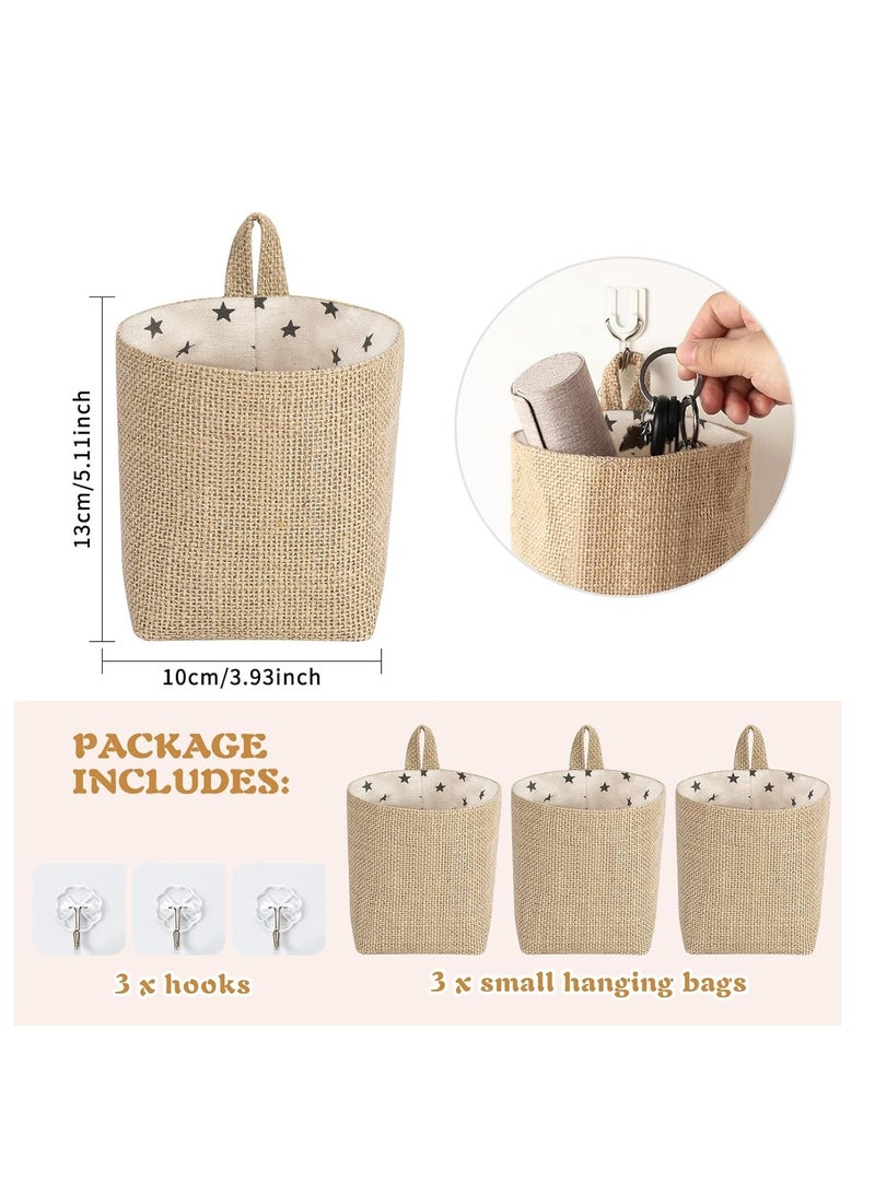 SOLARAE Small Hanging Storage Bags with Hooks 3 Packs Small Wall Basket Cotton Linen Hanging Basket Organizer for Wall Over The Door Organizer Small Hanging Pouch for Bedroom Office - Image 2