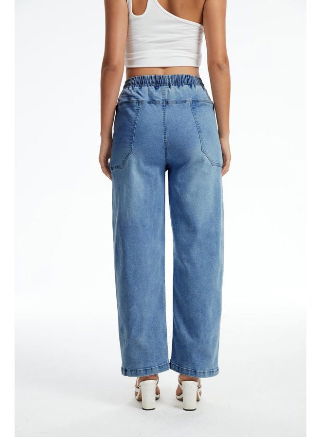 YOCUR Women's Wide Leg Drawstring High Waisted Jeans Elastic Waist Stretchy Straight Leg Baggy Denim Pants with Pockets, Blue, S - Image 2