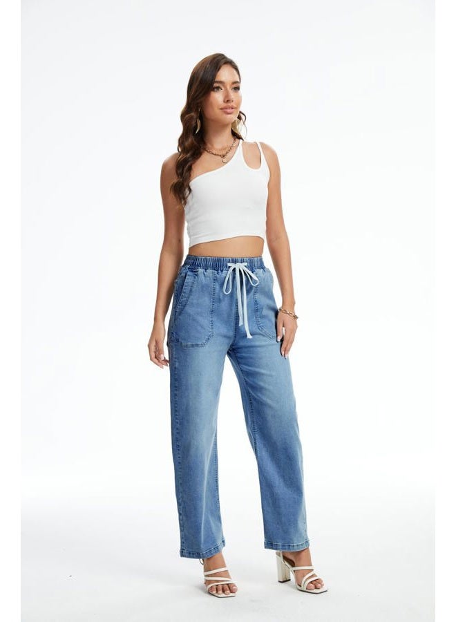YOCUR Women's Wide Leg Drawstring High Waisted Jeans Elastic Waist Stretchy Straight Leg Baggy Denim Pants with Pockets, Blue, S - Image 5