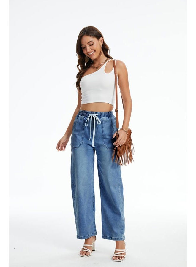 YOCUR Women's Wide Leg Drawstring High Waisted Jeans Elastic Waist Stretchy Straight Leg Baggy Denim Pants with Pockets, Blue, S - Image 4