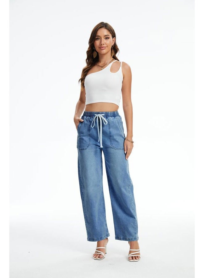 YOCUR Women's Wide Leg Drawstring High Waisted Jeans Elastic Waist Stretchy Straight Leg Baggy Denim Pants with Pockets, Blue, S - Image 3