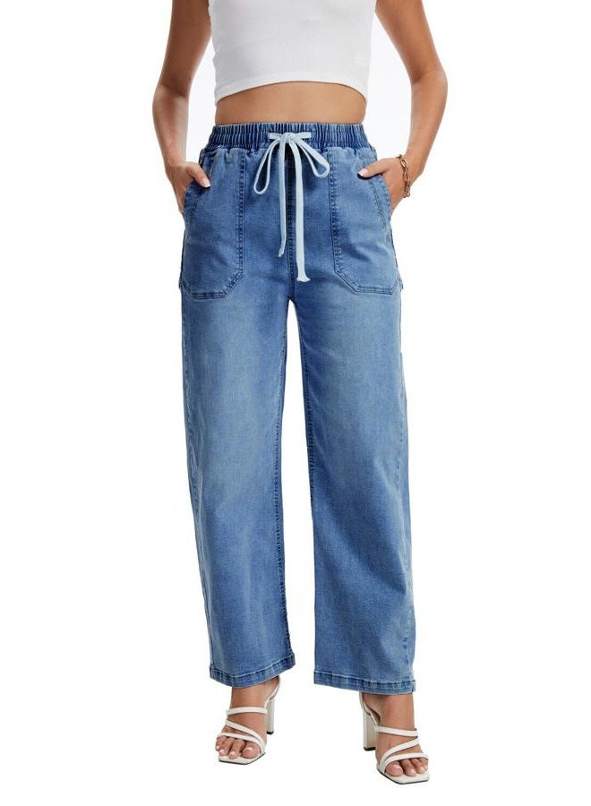 YOCUR Women's Wide Leg Drawstring High Waisted Jeans Elastic Waist Stretchy Straight Leg Baggy Denim Pants with Pockets, Blue, S - Image 1