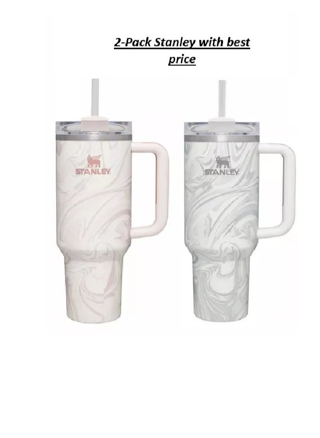 2-Pack Quencher H2.0 FlowState 40oz Stainless Steel Vacuum Insulated Tumblers with Lid and Straw – Rose Quartz & Swirl | Leak-Resistant Double-Walled Travel Mugs for Hot & Cold Drinks | Durable Reusable Water Bottles for Coffee, Smoothies, Iced Tea & On-the-Go Hydration