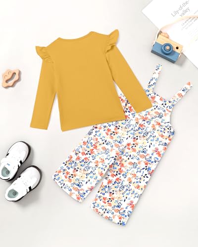 YUEMION Toddler Girl Clothes 2Pcs Baby Girl Outfit Fall Winter Clothing Floral Long Sleeve Top+ Overall Pants Set (Yellow, 2-3T) - Image 4
