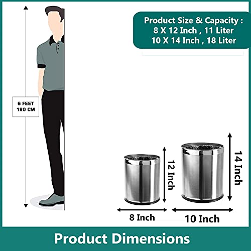 Mofna Stainless Steel Solid Open Dustbin/Stainless Steel Garbage Bin/Medium and Large/ - 11 Litre (8"X12") + 18 Litre (10'' X 14'')- Set of 2 Pcs - Image 2