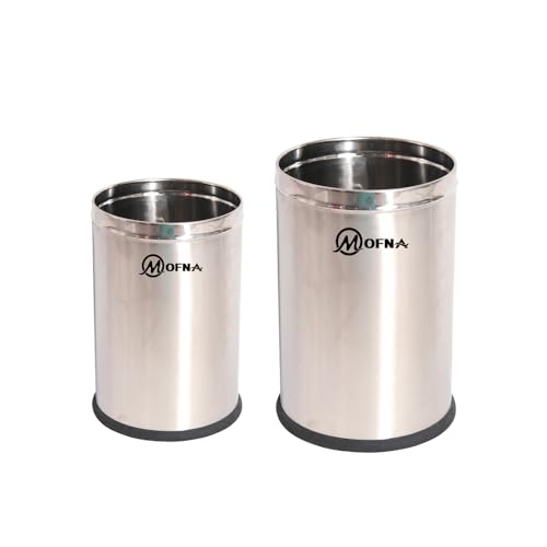 Mofna Stainless Steel Solid Open Dustbin/Stainless Steel Garbage Bin/Medium and Large/ - 11 Litre (8"X12") + 18 Litre (10'' X 14'')- Set of 2 Pcs - Image 1