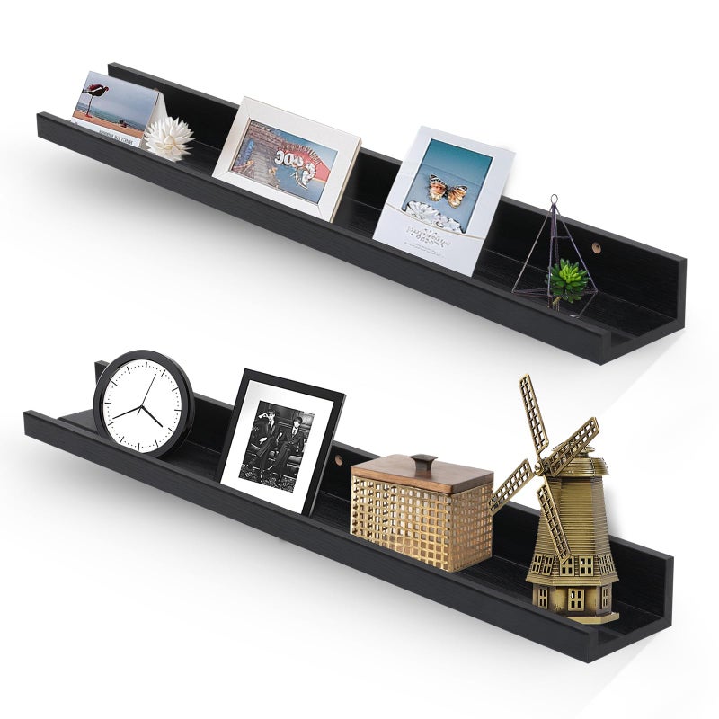 Muzilife 354 Large Floating Wall Ledge Shelves with Lip  Set of 2 Wood Floating Shelves  Black Wall Mounted Picture Ledge for Office Bathroom Bedroom Living Room Kitchen