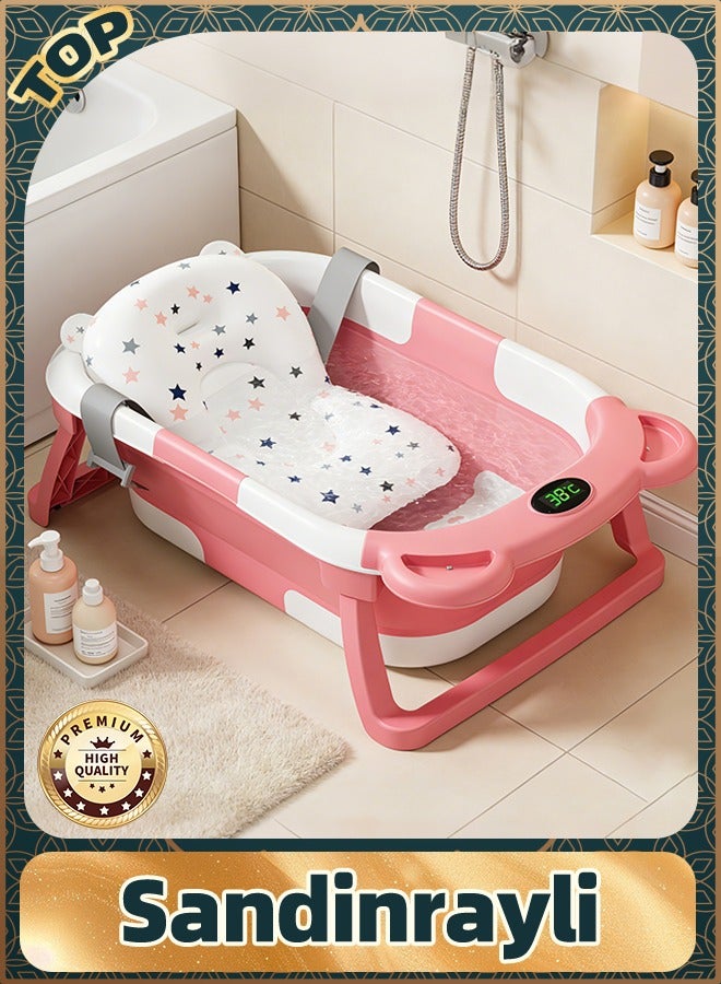 سانتين رايلي حوض استحمام قابل للطي للأطفال، حوض استحمام للأطفال مع وسادة ناعمة ومقياس حرارة في الوقت الفعلي، حوض استحمام للأطفال الرضع والأطفال الصغار (0-36 شهرًا)، أحواض استحمام محمولة للسفر للأطفال حديثي الولادة (وردي) - Image 1