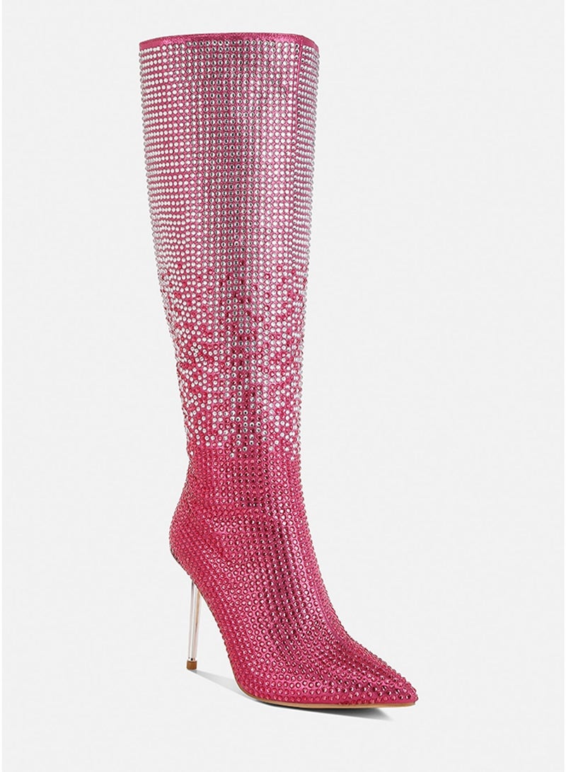 London Rag Shiny Rhinestone Studded Calf Boots in Pink - Image 2