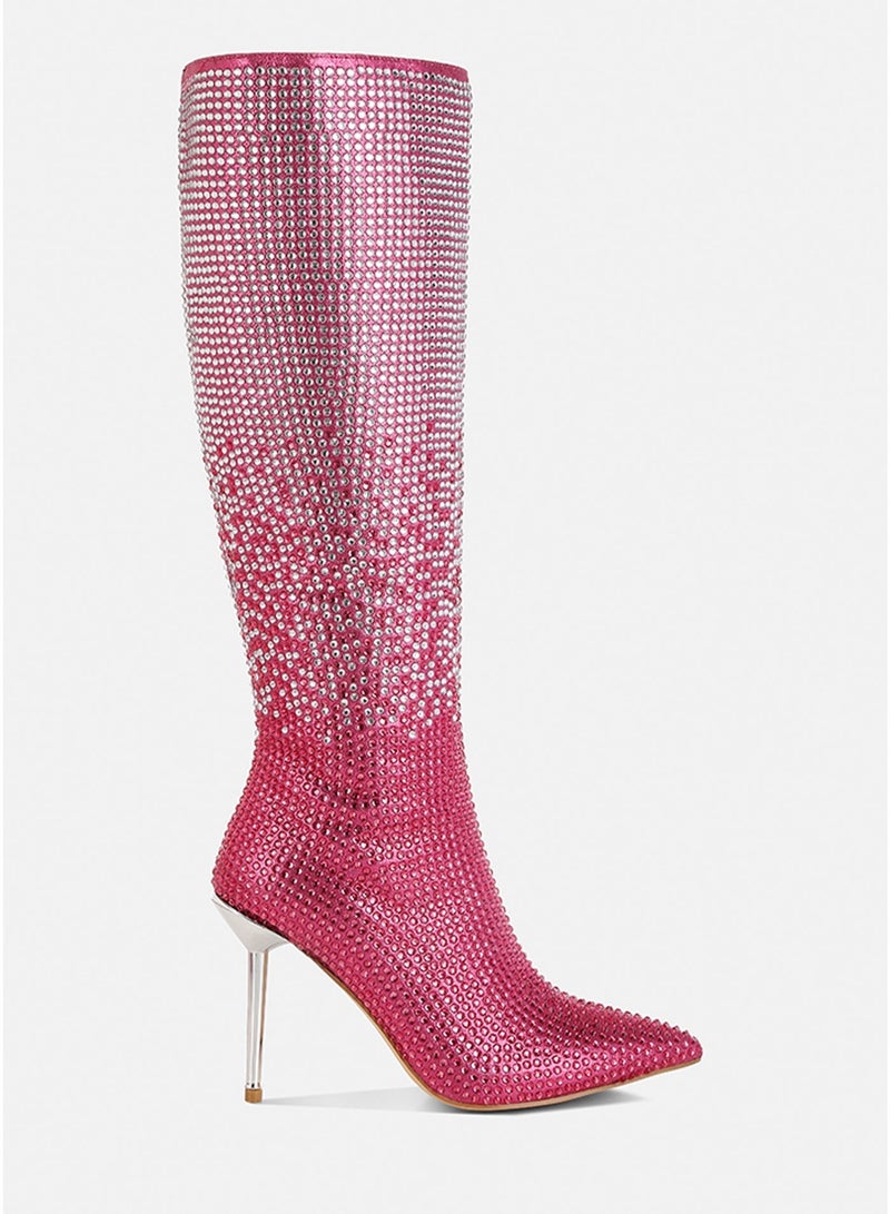 London Rag Shiny Rhinestone Studded Calf Boots in Pink - Image 1