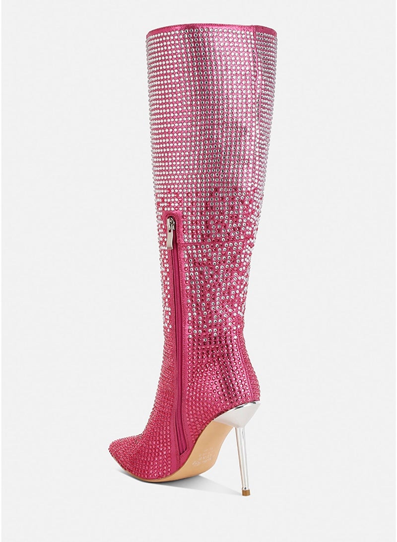 London Rag Shiny Rhinestone Studded Calf Boots in Pink - Image 3