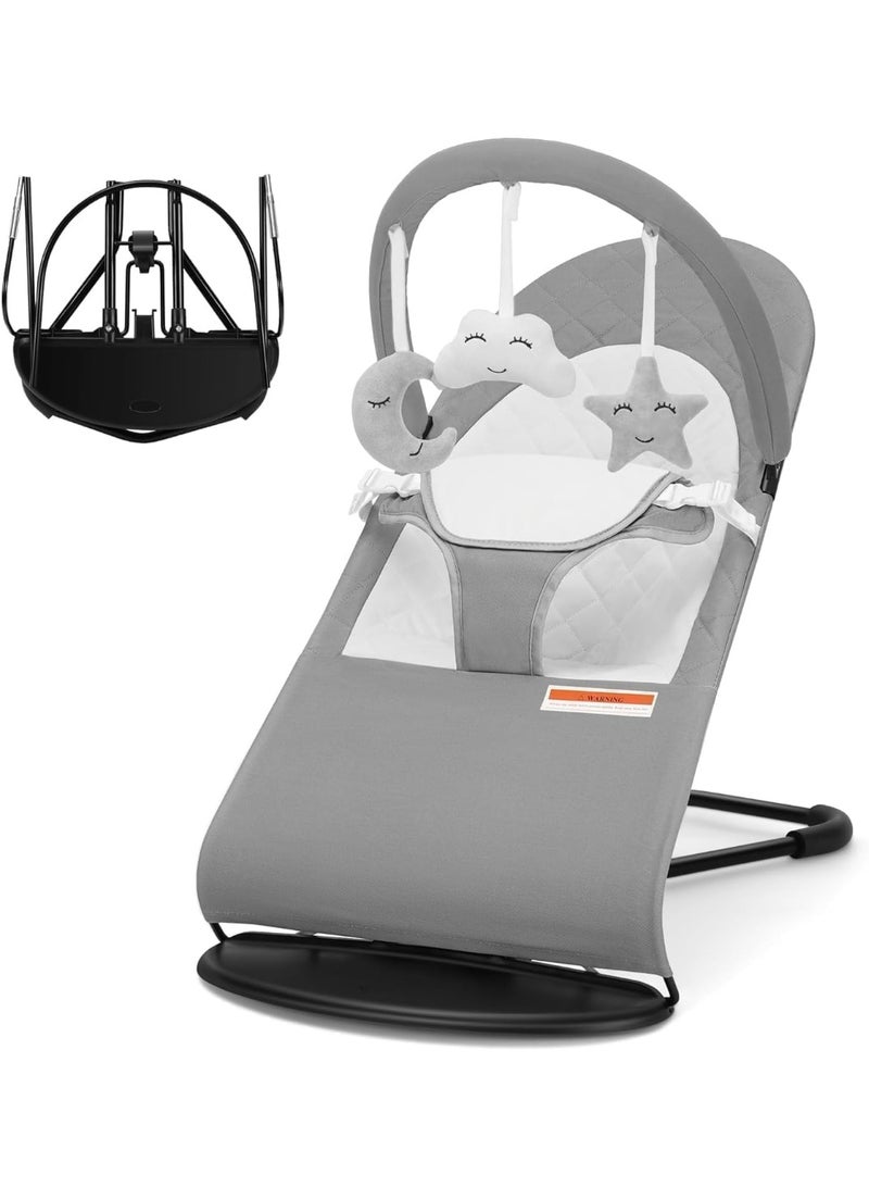 YOUWE7 3-Stage Baby Bouncer with Removable -Toy Bar, Recliner Seat, Babies, Max Weight 9kg, Ultra Light Weight, 3-point safety belt, Comfirtable, Washable, One Fold Button, Anti Skid (Grey) - Image 1