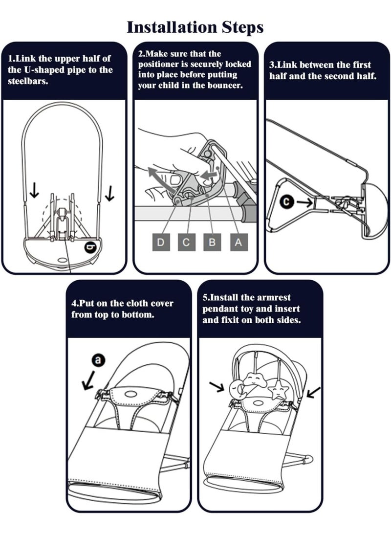 YOUWE7 3-Stage Baby Bouncer with Removable -Toy Bar, Recliner Seat, Babies, Max Weight 9kg, Ultra Light Weight, 3-point safety belt, Comfirtable, Washable, One Fold Button, Anti Skid (Grey) - Image 2