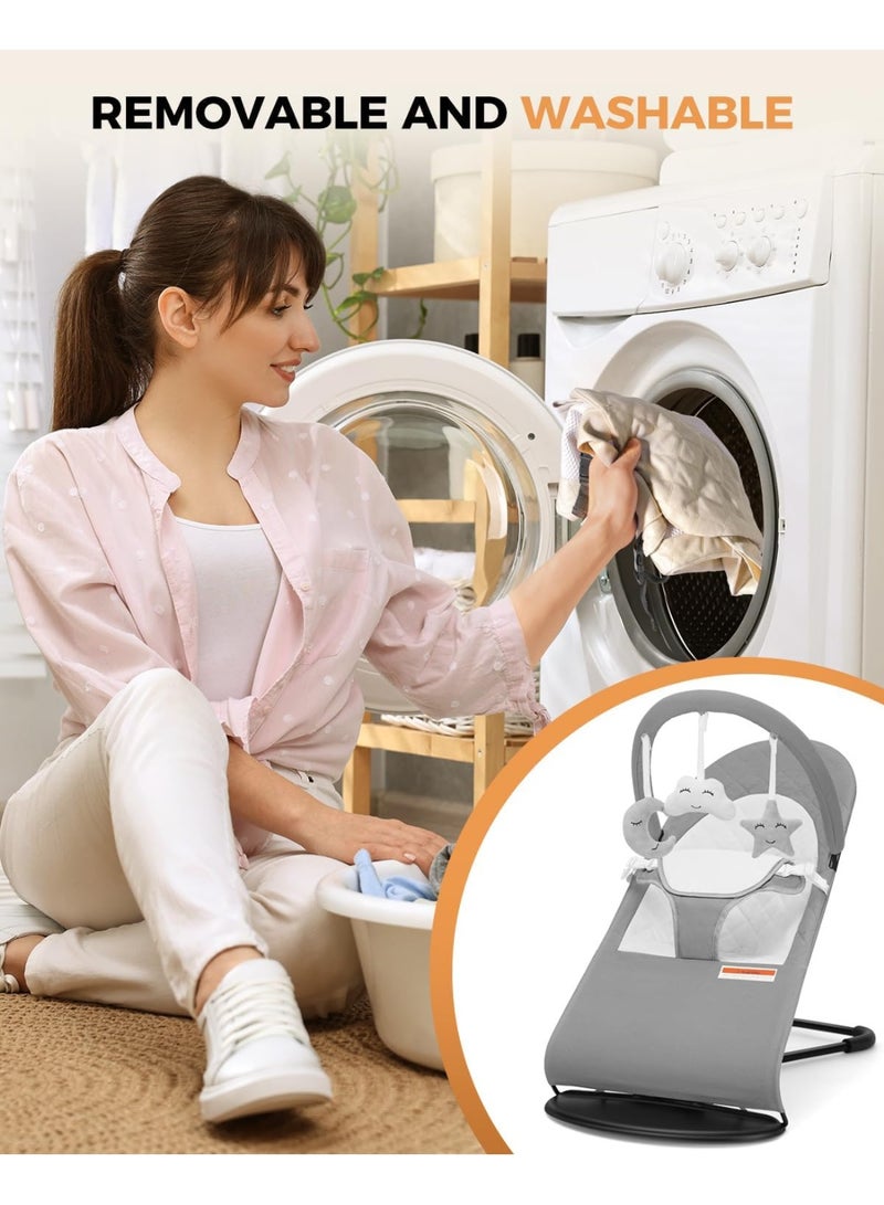 YOUWE7 3-Stage Baby Bouncer with Removable -Toy Bar, Recliner Seat, Babies, Max Weight 9kg, Ultra Light Weight, 3-point safety belt, Comfirtable, Washable, One Fold Button, Anti Skid (Grey) - Image 4