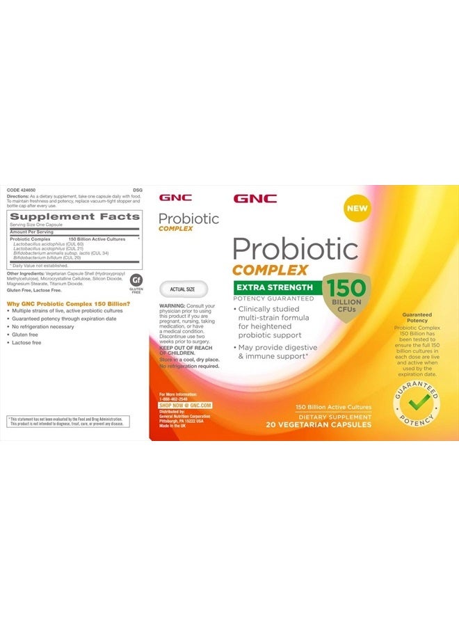 GNC Probiotic Complex Extra Strength with 150 Billion CFUs, 20 Capsules, Daily Probiotic Support - Image 3