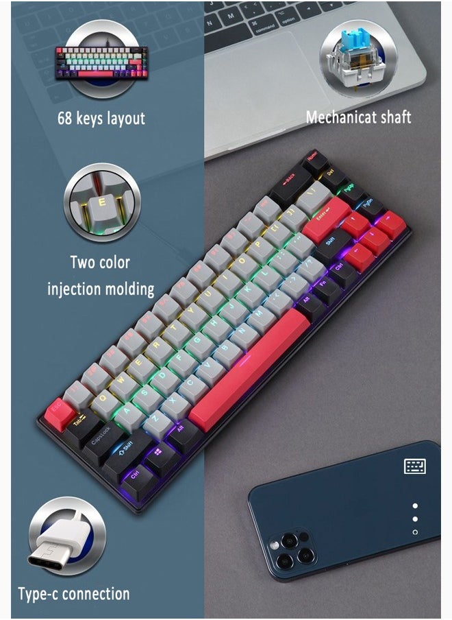 Zeemey - 68 Keys RGB Gaming Keyboard Wired Waterproof With Anti-ghosting Keyboard and Three-color Keycaps With Blue Switch for Gamers(Gray, black and red) - Image 1