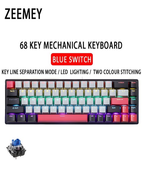 68 Keys RGB Gaming Keyboard Wired Waterproof With Anti-ghosting Keyboard and Three-color Keycaps With Blue Switch for Gamers(Gray, black and red)