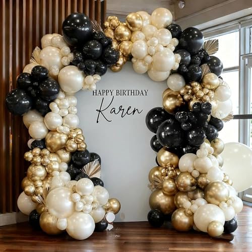 Pinbra Black White Gold Balloon Garland Double Stuffed Pearl Sand Champagne Gold Balloons Cream Beige Balloon Arch Kit for Birthday Graduation Wedding Bachelorette Engagement Party Decorations - Image 1