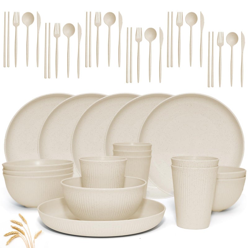 DAPIPIK Wheat Straw Dinnerware Sets -DAPIPIK 42 Piece Unbreakable Dinnerware Sets for 6, Kitchen Plates and Bowls Set, Lightweight Camping Plates Cups and Bowls Set.Dishwasher Microwave Safe Dinnerware - Image 1