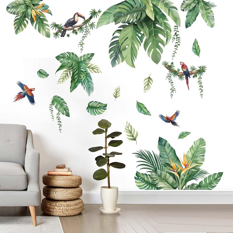 ARS Leaves Wall Stickers for Living Room: Peel and Stick Tropical Plant Green Hanging Leaf Wall Decals - Bedroom Office Sofa TV Background Home Wall Décor - Image 1
