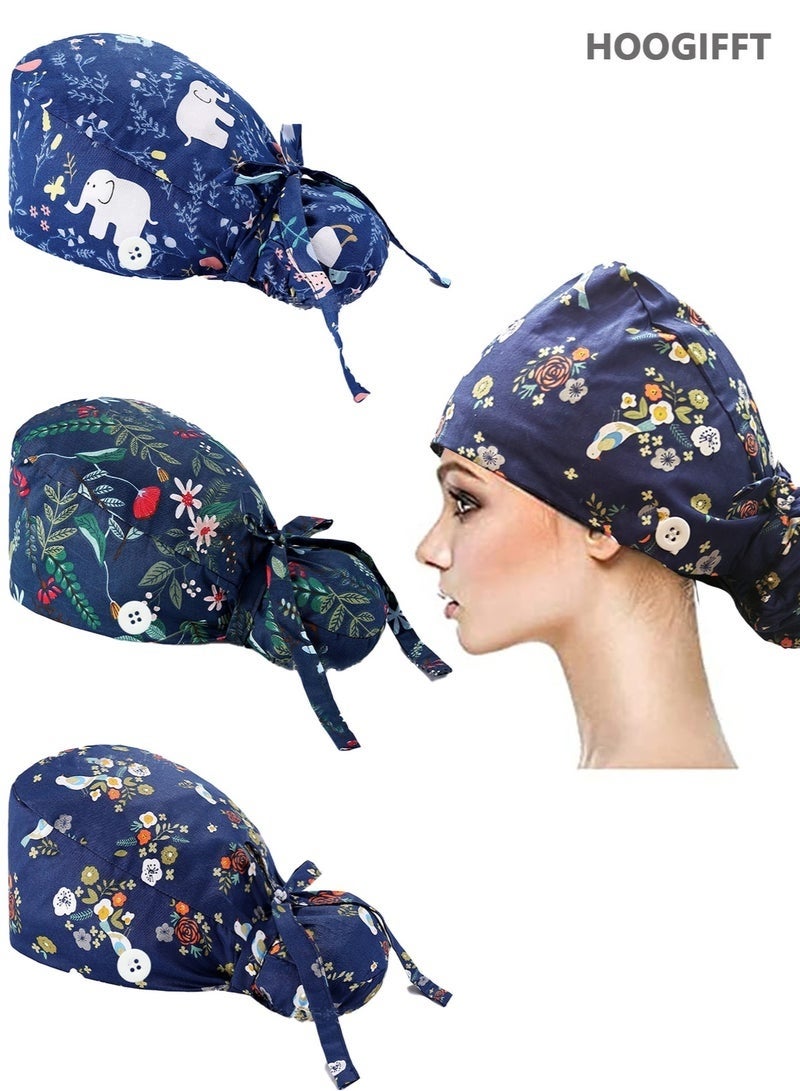كيلا عبوة من 3 قبعات جراحية للنساء والرجال، قبعة رضاعة قطنية، قبعة عمل، قبعات عمل قطنية قابلة للتعديل، رباط عرق قطني لربط شعر ذيل الحصان، أغطية رأس للشعر الطويل، قبعة ممرضة بأزرار - Image 1