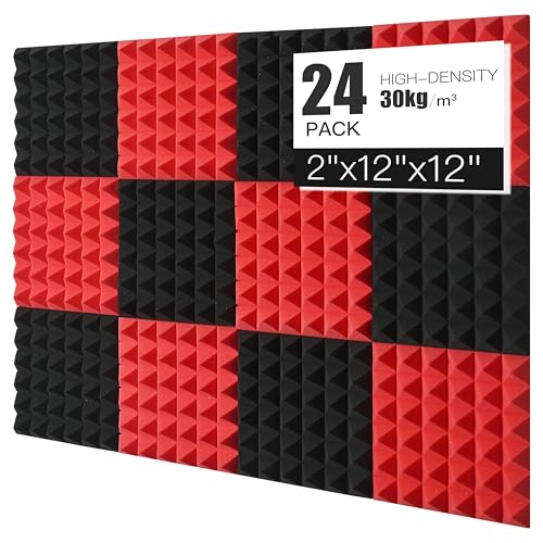 Saiqiang Acoustic Foams Panels 24 Pack 2 x 12x 12 Sound Proof Foam Panels for Walls High Density and Fire Resistant Soundproofing Panels Soundproof Studio Pyramid Sound Dampening Panels Black Red - Image 1
