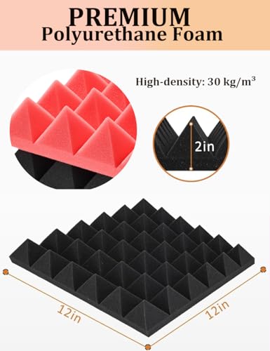 Saiqiang Acoustic Foams Panels 24 Pack 2 x 12x 12 Sound Proof Foam Panels for Walls High Density and Fire Resistant Soundproofing Panels Soundproof Studio Pyramid Sound Dampening Panels Black Red - Image 3