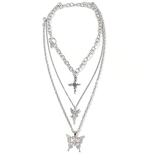 YERTTER Dainty Punk Layering Chunky Chain Choker Toggle Necklace Boho Jewelry Set Layered Butterfly Cross Angel Pendant Statement Necklace Festival Statement Necklace for Women Man - Image 1