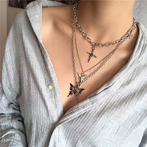 YERTTER Dainty Punk Layering Chunky Chain Choker Toggle Necklace Boho Jewelry Set Layered Butterfly Cross Angel Pendant Statement Necklace Festival Statement Necklace for Women Man - Image 2