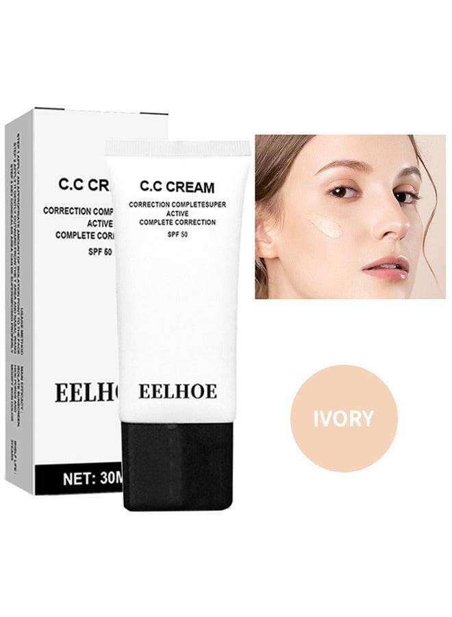 إيلهو كريم CC SPF50-CC كريم ذاتي الضبط للبشرة الناضجة ، واقي من الشمس وكريم الأساس لتصحيح اللون ، كونسيلر مرطب للبشرة قبل المكياج (#Ivory) - Image 1