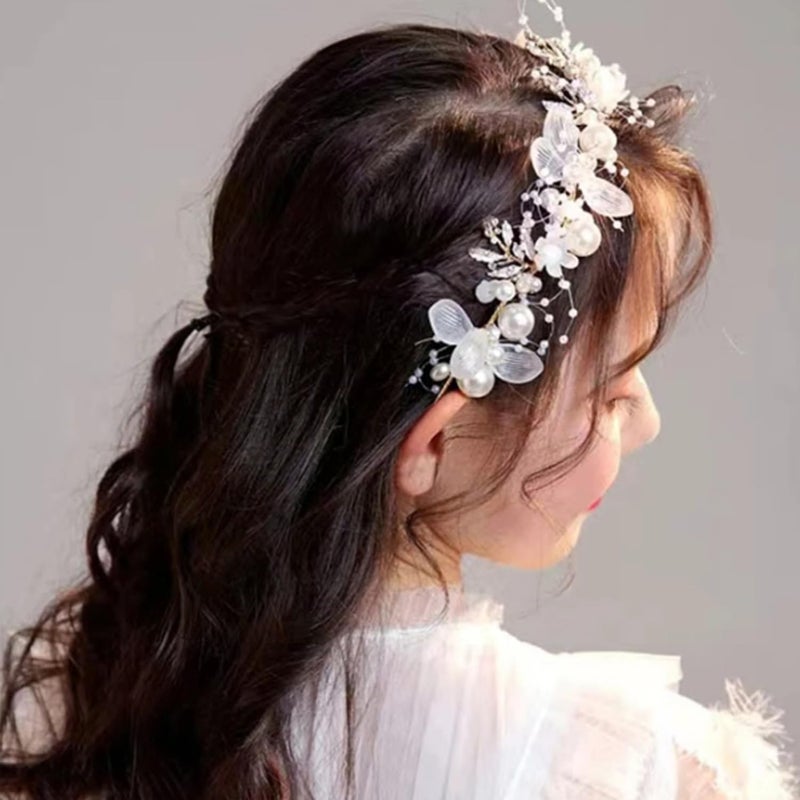 GALV Crystal Pearl Hair Flower Girl Headband Princess Tiara for Kids Girls Women Bridal Floral Tiara Hairband for Wedding Party Dress Up Hair Accessories (1 pcs) (Silver) - Image 4