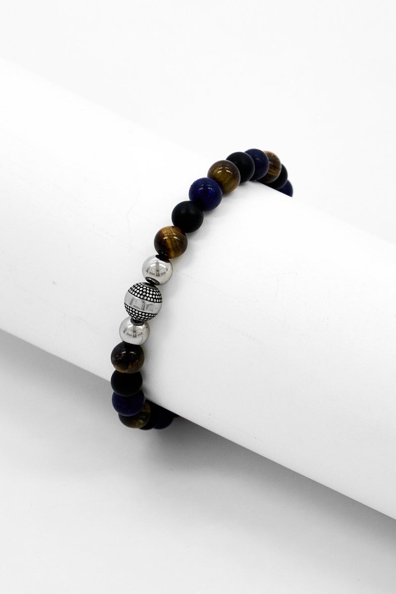 Steeltime Men Lava Lapis Tiger Eye And Stainless Steel Beaded Bracelet, Multicolor - Image 2