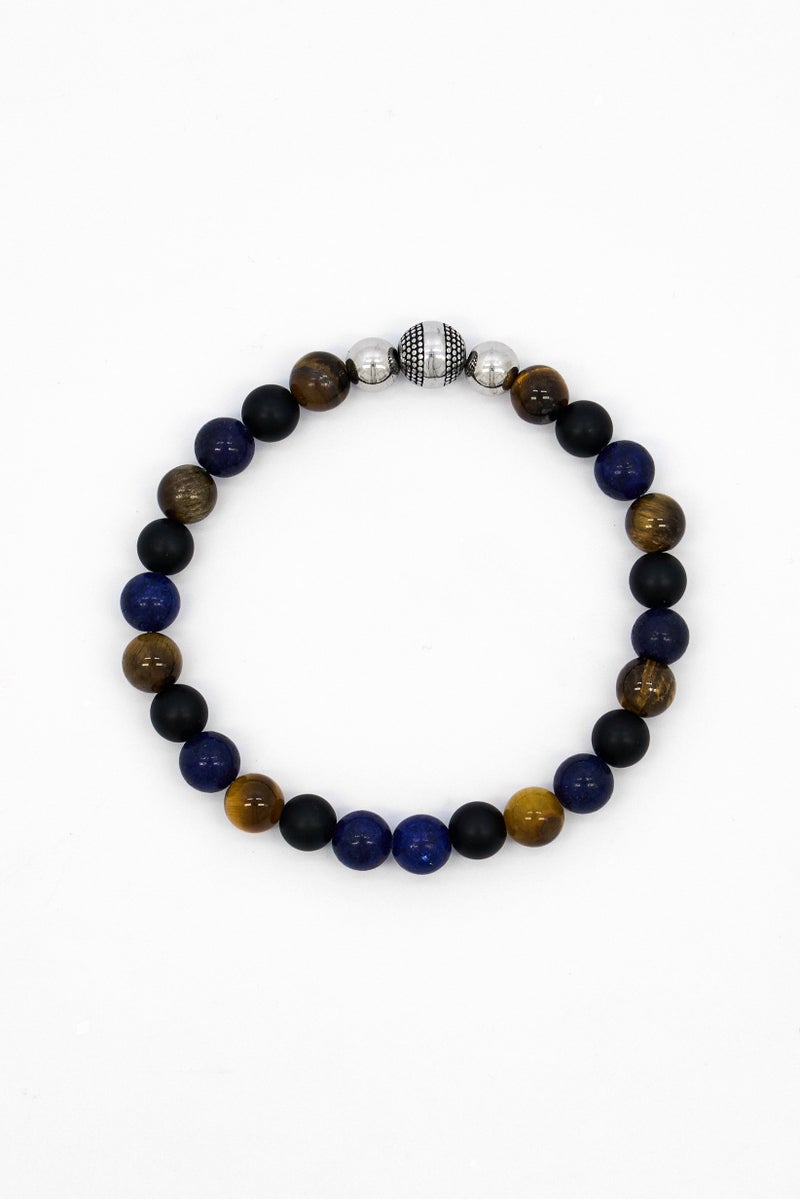 Steeltime Men Lava Lapis Tiger Eye And Stainless Steel Beaded Bracelet, Multicolor - Image 4