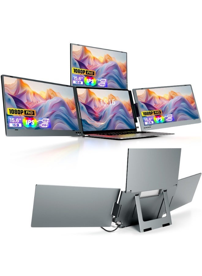 15.6” Quad Screen Laptop Extender with Three External Displays, FHD 1080P IPS, 350 Nits, USB-C/USB-A, Portable Monitor for Business Multitasking