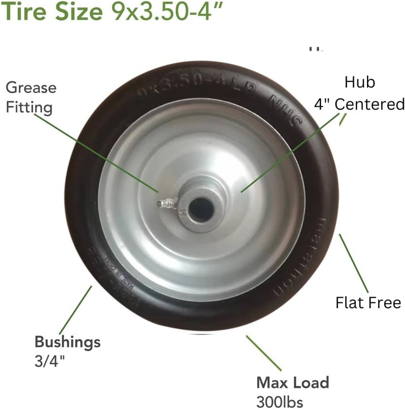 Marathon Marathon 9x3504 Flat Free Lawnmower Tire on Wheel 4 Centered Hub 34 Bushings  - Image 4