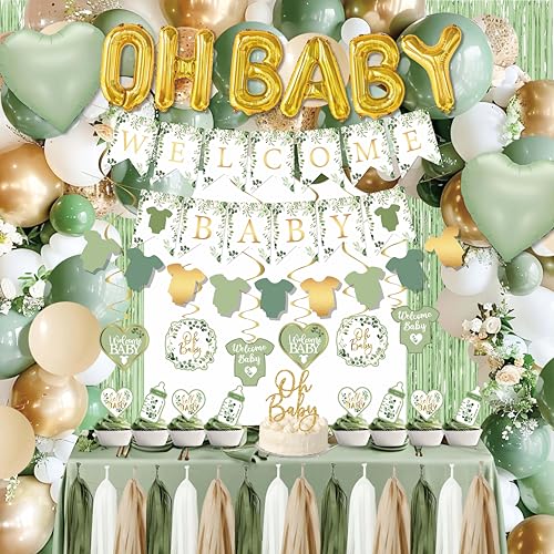 jenlion Sage Green Baby Shower Decorations155 pcs Neutral Baby Shower Decor Supplies welcome baby banner Disposable OH BABY Balloon Arch Paper Tassels tablecloths - Image 1