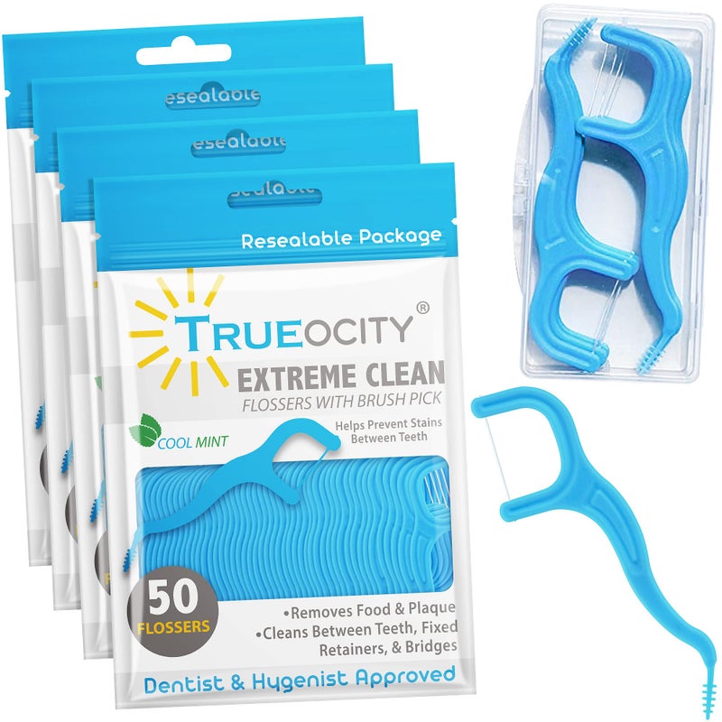 Trueocity Dental Flossers Brush Picks 4 Pack wTravel Case 200 Total Count Dental Floss Glides Easy Flosser Helps Prevent Tooth Decay Gum Disease Easy Grip Flossers for Adults Mint Flavored