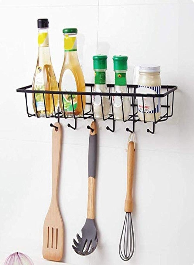 Dayish GI Metal Wall Mount Kitchen Spice Rack, Bathroom Shelf, Wardrobe Hanging Storage Shelf Holder and Bottle Storage Organizer Rack with 6 Hooks for Kitchen and Bathroom - Image 1