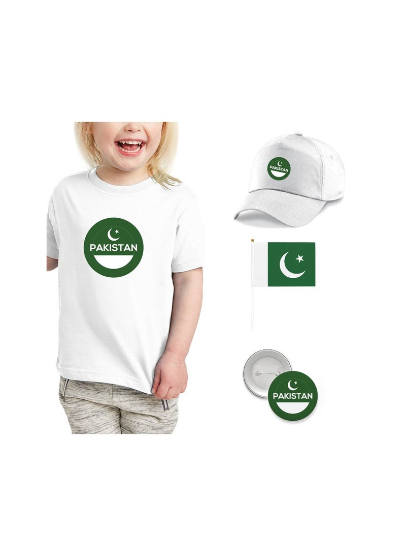 Pakistan Independence Day T Shirt for Girls, Cap, Badge, Flag Set Celebrate Pakistan Independence Day with this Kids Combo Pack in Style - Image 1