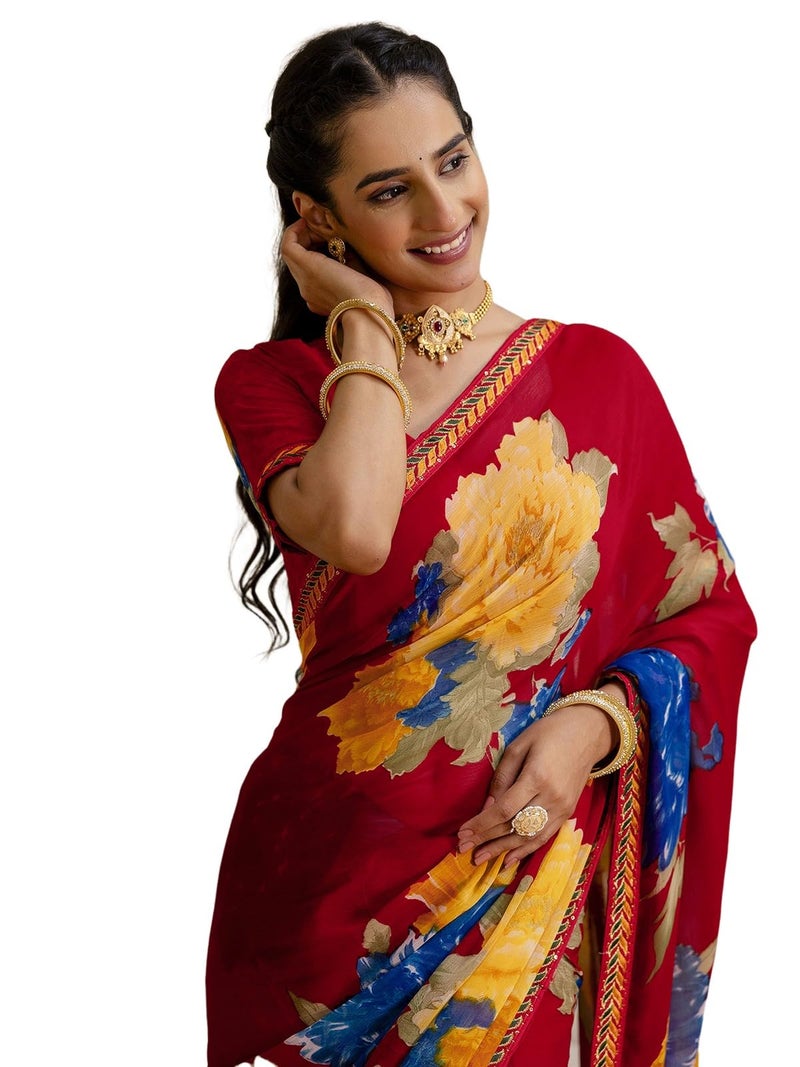 Satrani Women's Georgette Floral Printed Saree with Unstitched Blouse Piece (4731S3390N_Red) - Image 1