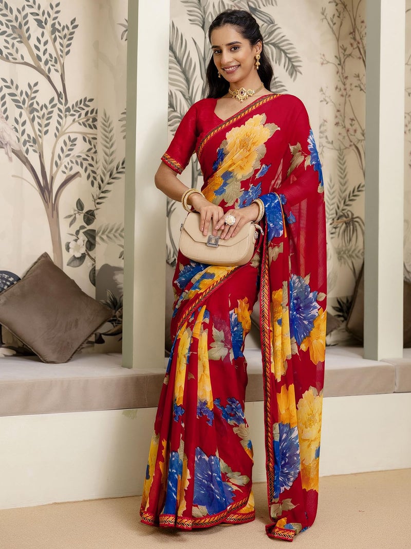 Satrani Women's Georgette Floral Printed Saree with Unstitched Blouse Piece (4731S3390N_Red) - Image 2