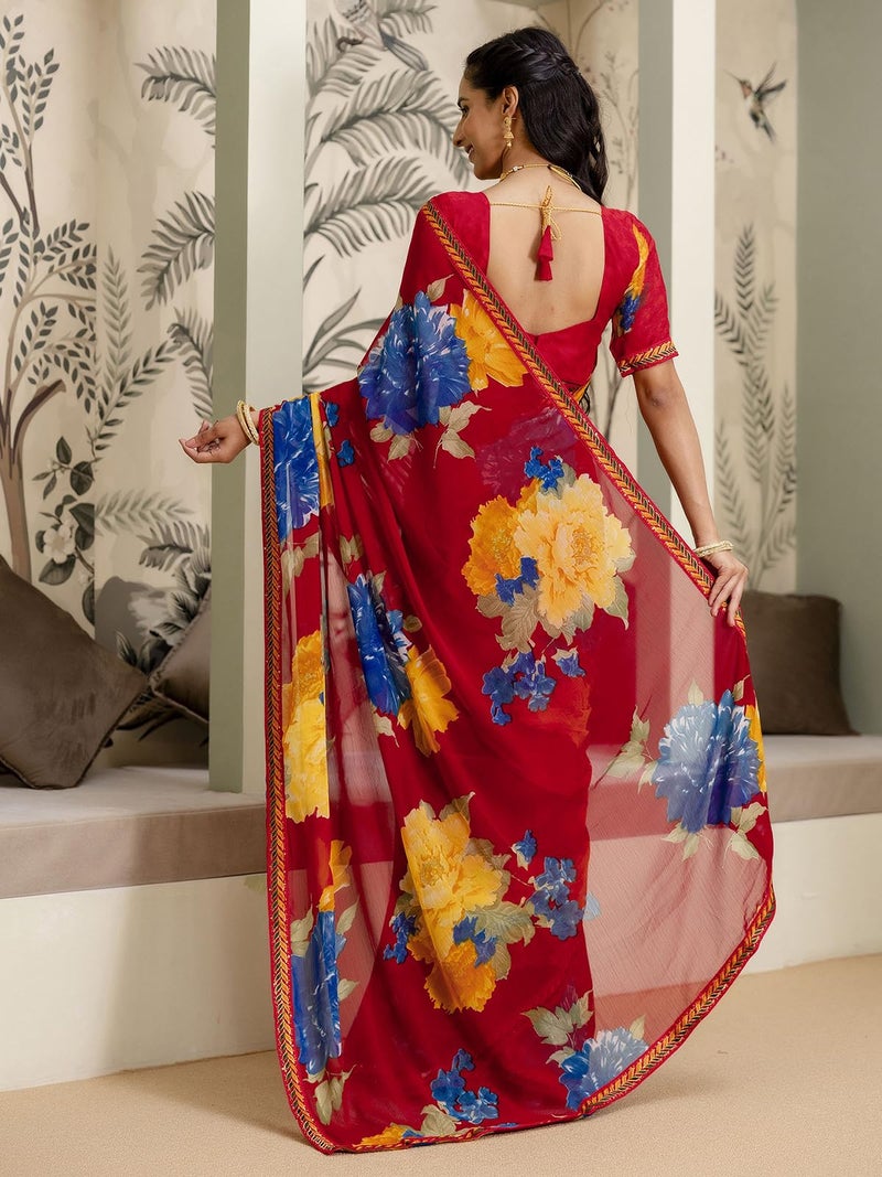 Satrani Women's Georgette Floral Printed Saree with Unstitched Blouse Piece (4731S3390N_Red) - Image 3