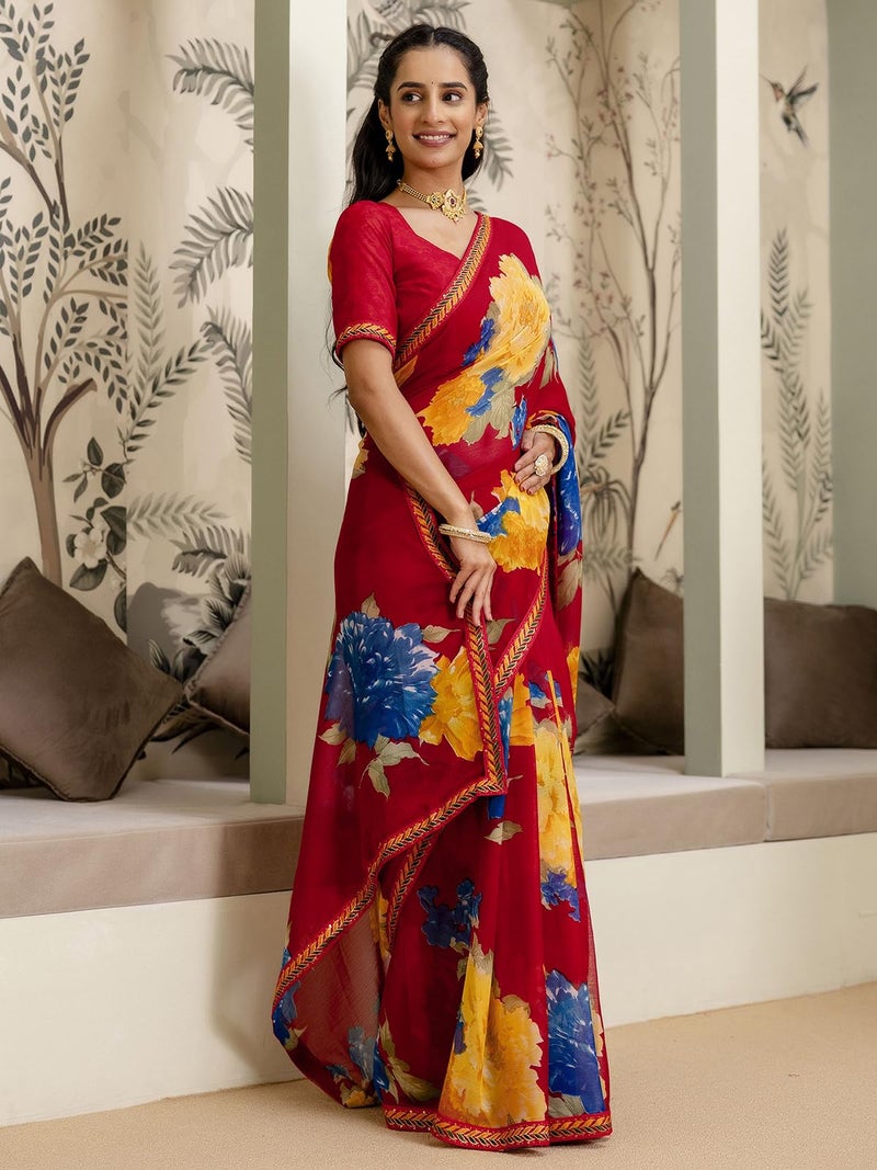 Satrani Women's Georgette Floral Printed Saree with Unstitched Blouse Piece (4731S3390N_Red) - Image 4