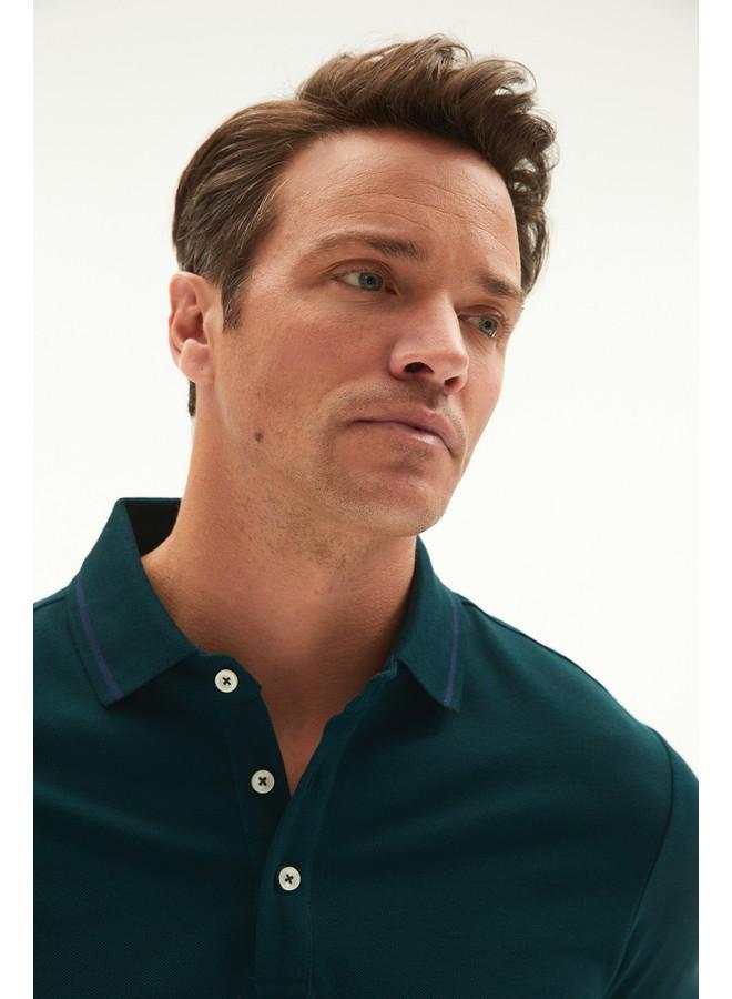 June Men Regular Fit Stripe Detailed Neck Polo Tshirt Naphta Colored - Image 2