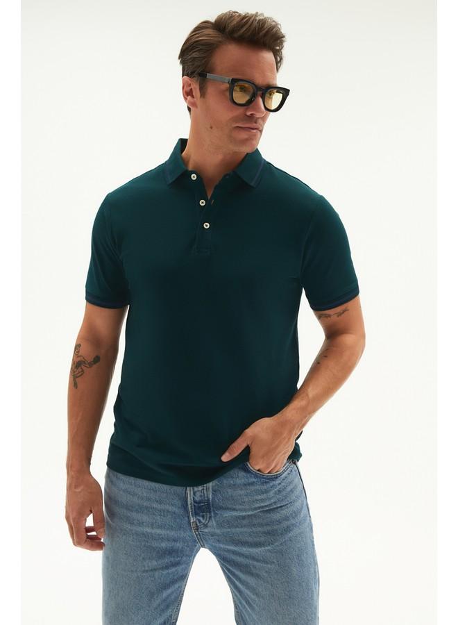 June Men Regular Fit Stripe Detailed Neck Polo Tshirt Naphta Colored - Image 1